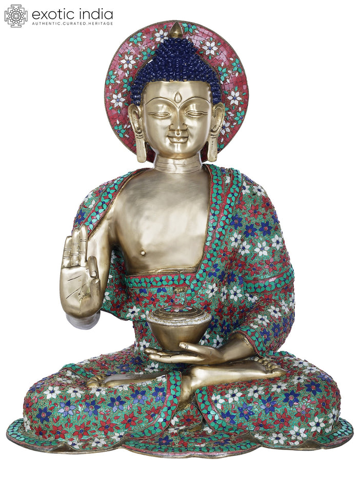 28" Lord Buddha Brass Statue with Inlay Work Handmade
