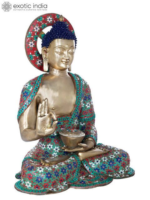 28" Tibetan Buddhist Lord Buddha, His Robe Decorated with Fine Inlay Work In Brass | Handmade | Made In India