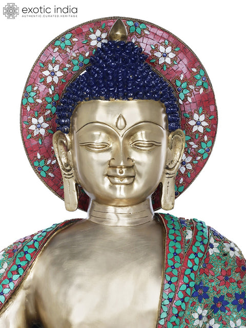 28" Tibetan Buddhist Lord Buddha, His Robe Decorated with Fine Inlay Work In Brass | Handmade | Made In India