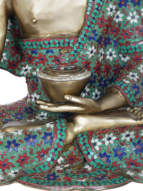 28" Tibetan Buddhist Lord Buddha, His Robe Decorated with Fine Inlay Work In Brass | Handmade | Made In India