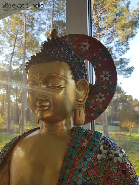 28" Tibetan Buddhist Lord Buddha, His Robe Decorated with Fine Inlay Work In Brass | Handmade | Made In India