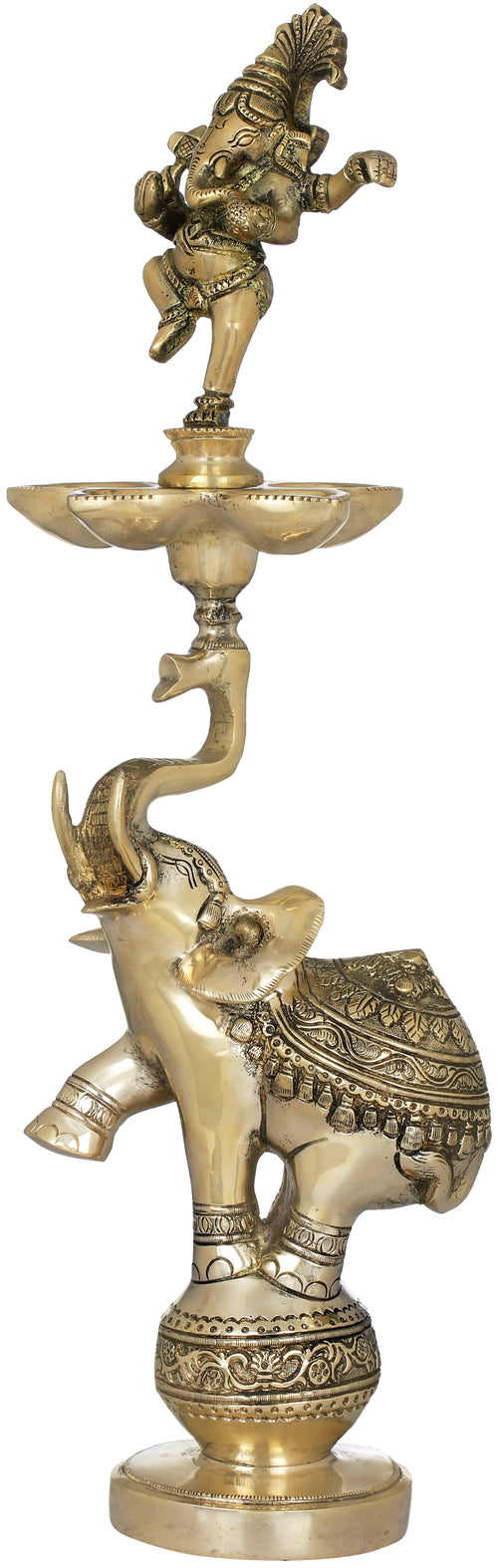 17" Brass Dancing Ganesha Lamp with Acrobat Elephant Statue