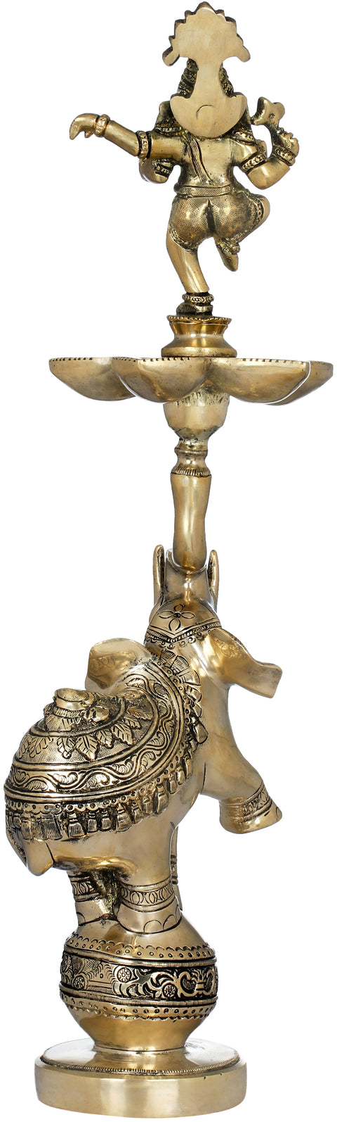 17" Dancing Ganesha Lamp Supported on Acrobat Elephant's Trunk in Brass