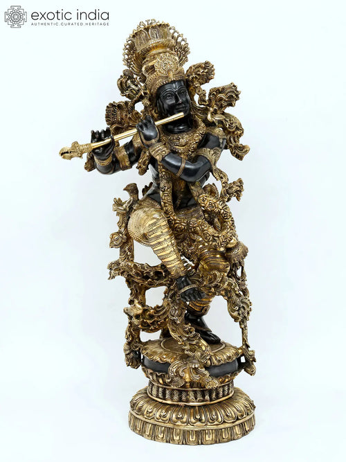 43" Handmade Krishna Brass Statue with Embellished Details