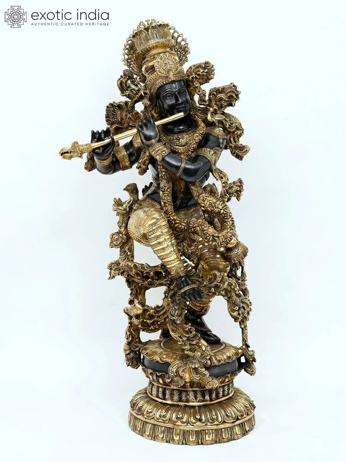43" Handmade Krishna Brass Statue with Embellished Details