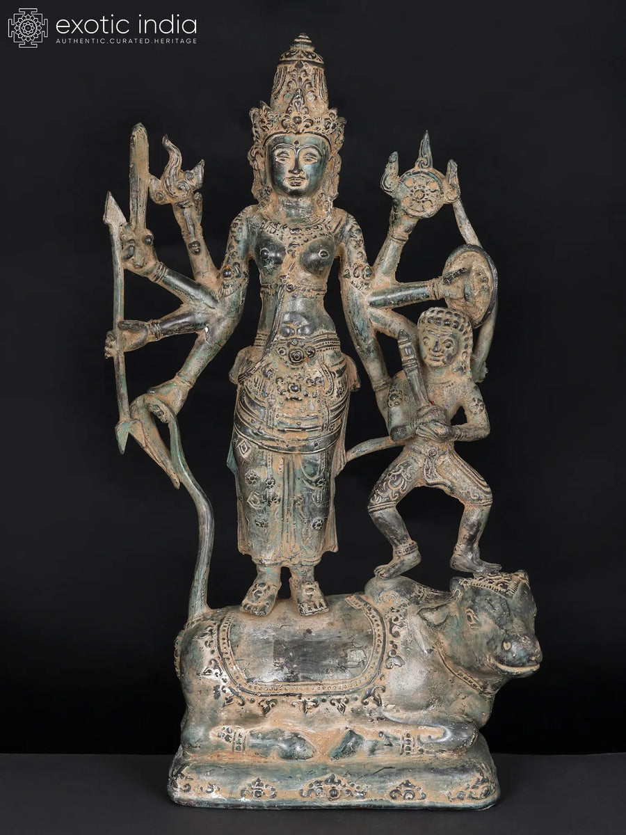 13" Brass Goddess Durga with Bhairava Standing on Nandi Statue