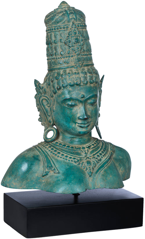 Goddess Parvati Brass Bust Statue on Wooden Base