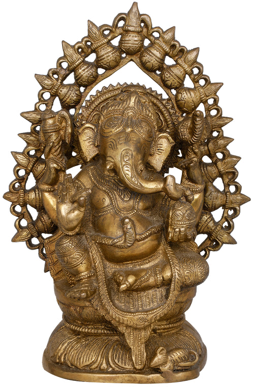 10" Handmade Lord Ganesha with Aureole Brass Statue