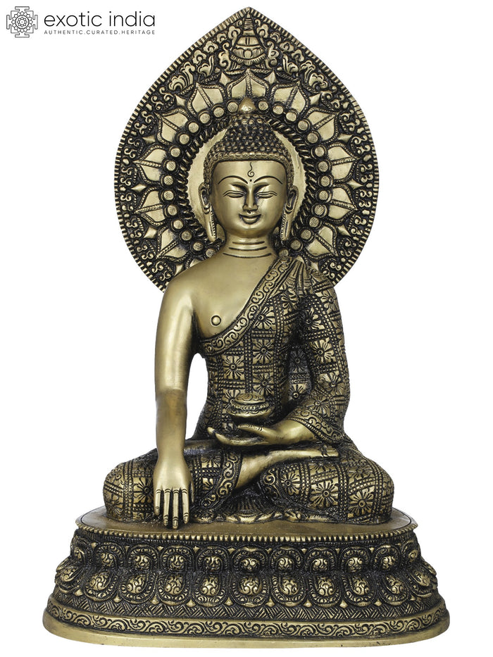 13" Handmade Lord Buddha Seated on Double Lotus Brass Statue