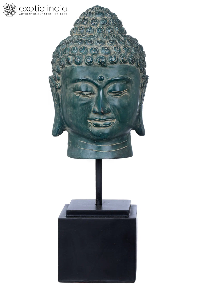 Buddhist Lord Buddha Head Brass Statue on Wooden Stand
