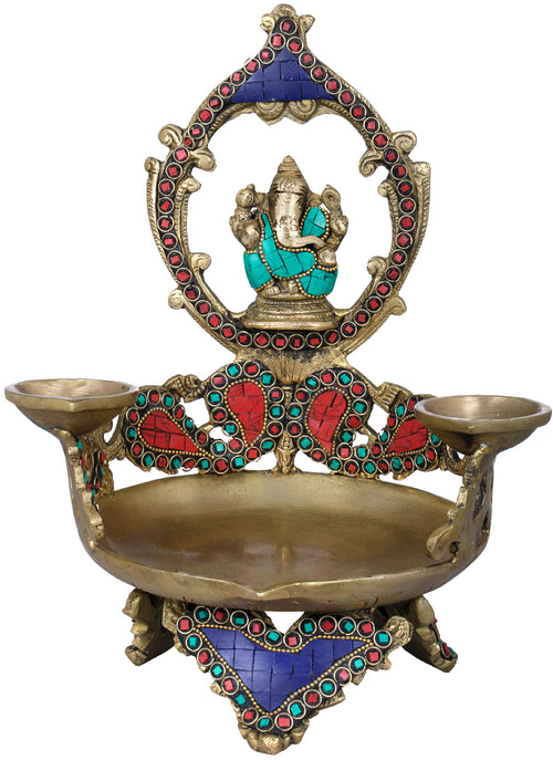 11" Brass Ganesha Diya with Two Small Oil Lamps Handmade