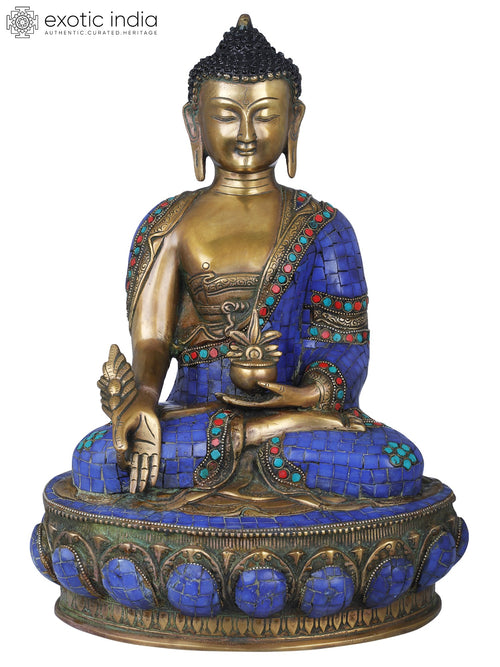 15" Tibetan Buddhist Lapis Lazuli Healing Buddha Brass Statue Handmade