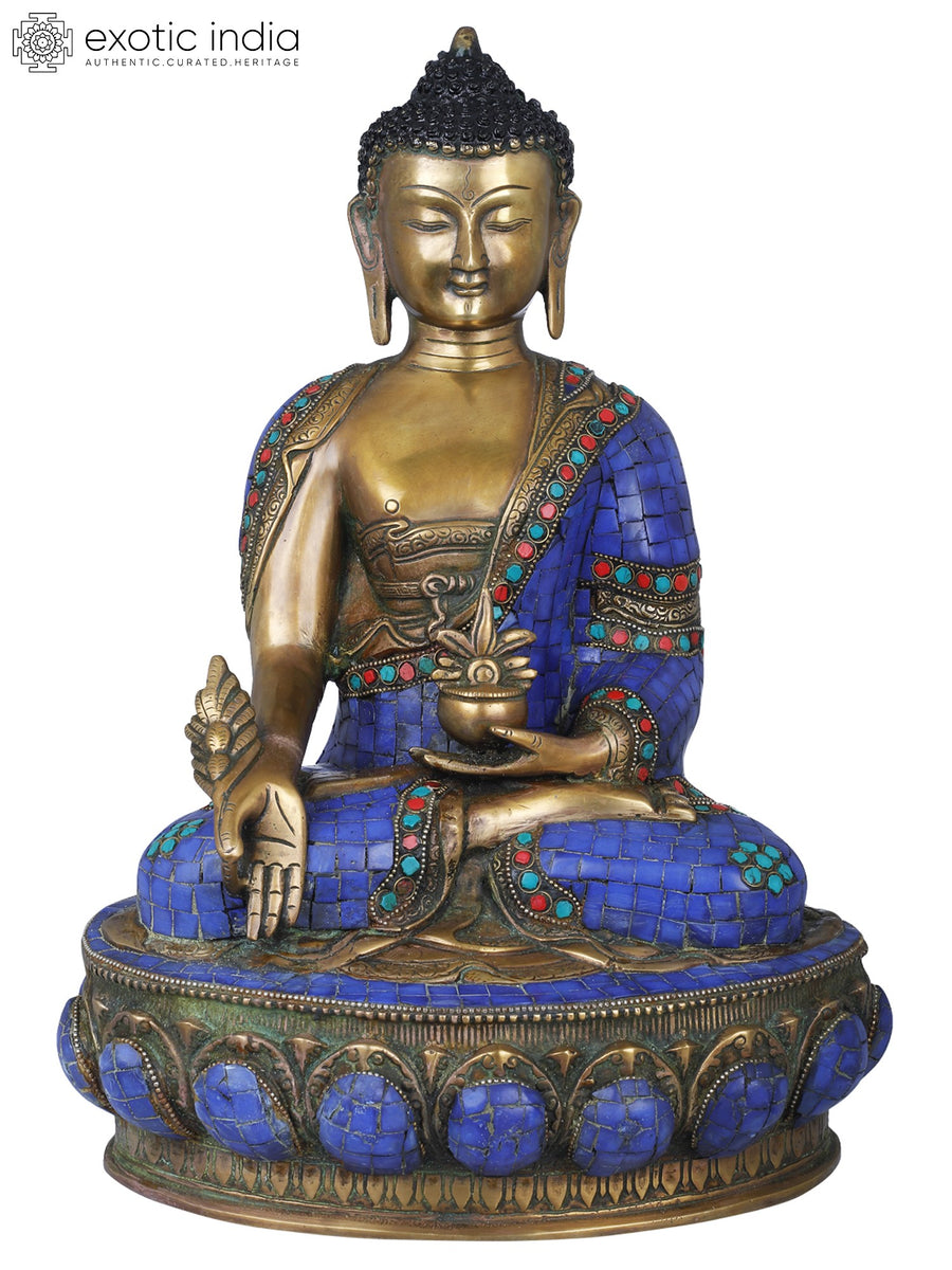 15" Tibetan Buddhist Lapis Lazuli Healing Buddha Brass Statue Handmade