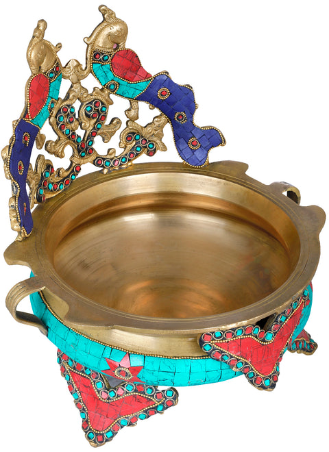 Brass Peacock Urli Decorated with Coloured Inlay Work