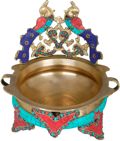 Brass Peacock Urli Decorated with Coloured Inlay Work