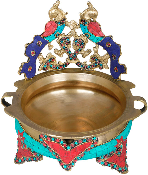 Brass Peacock Urli with Colored Inlay Work Home Decor