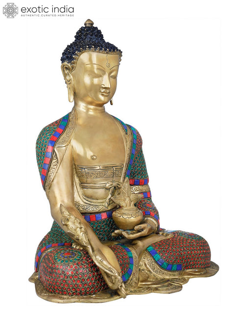 16" Handmade Medicine Buddha Brass Statue | Tibetan Buddhist Healing Buddha With Herbs
