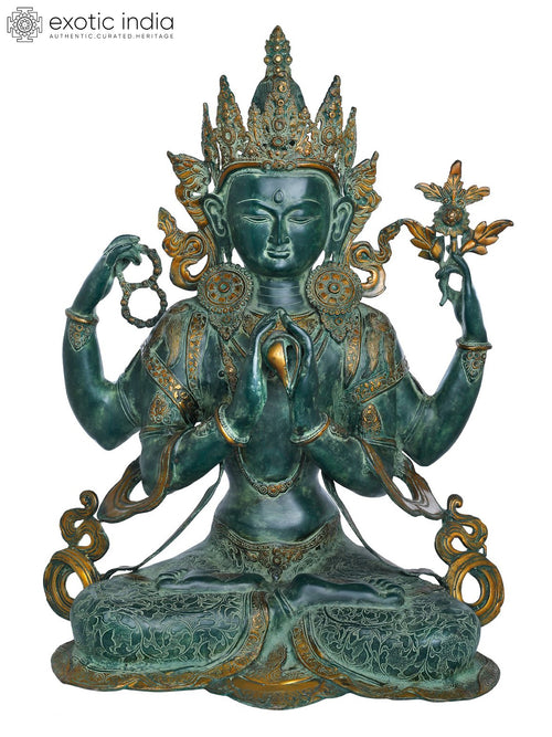 31" Handmade Shadakshari Lokeshvara Brass Statue with Padmasana