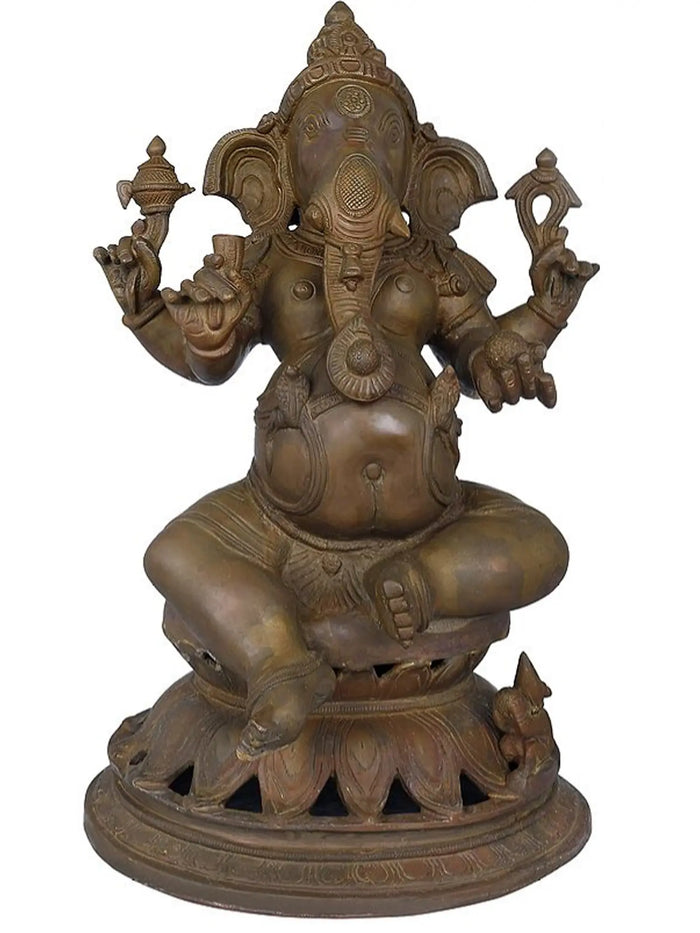 14" Handmade Lalitasana Ganesha Brass Idol for Pooja
