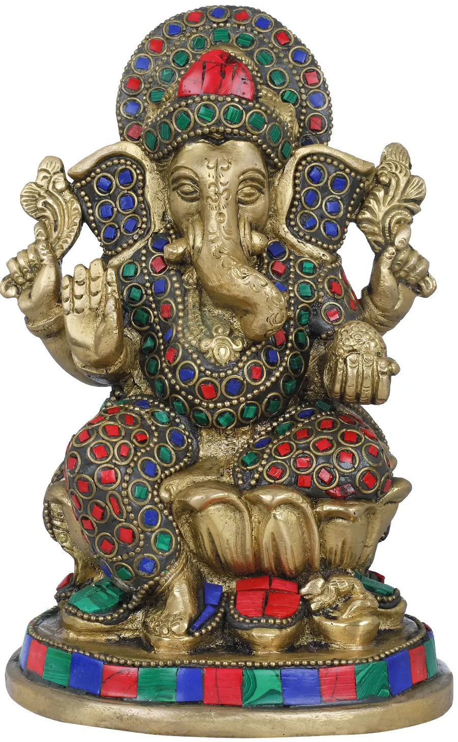 7" Handmade Ganesha Brass Idol with Inlay Work