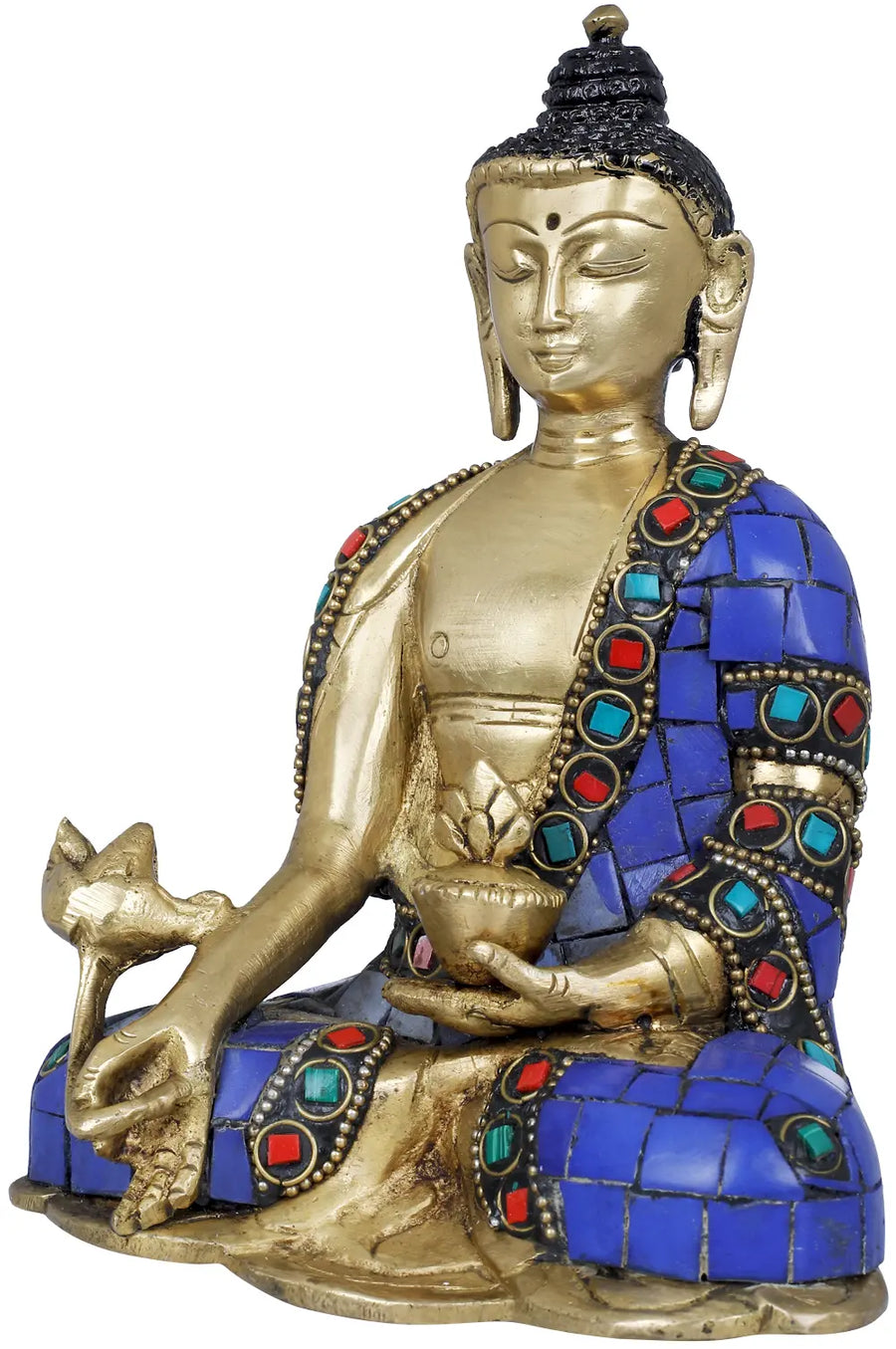 6" Handmade Lapis Buddha of Healing Brass Statue