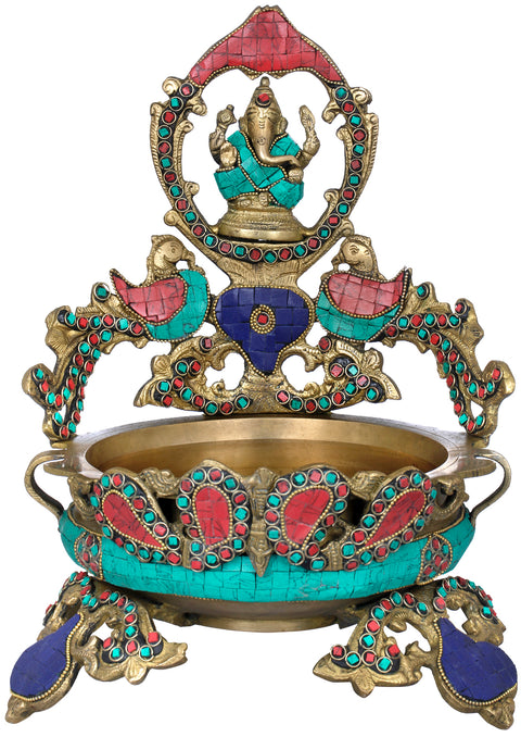 12" Lord Ganesha Peacock Urli in Brass | Handmade | Made in India