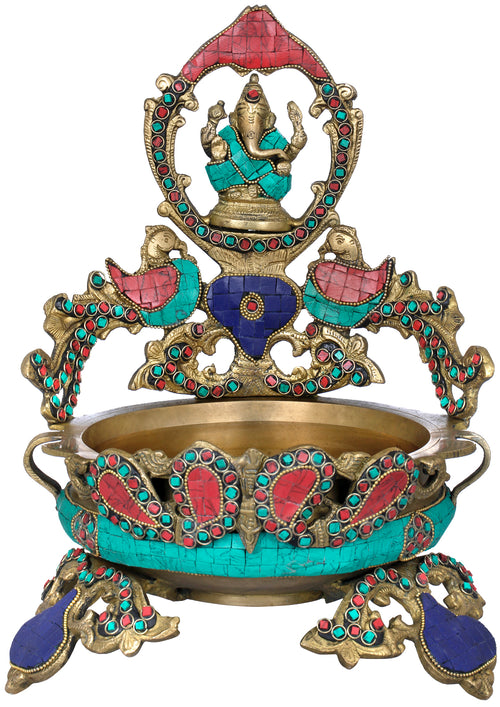 12" Brass Lord Ganesha Peacock Urli Handmade Statue