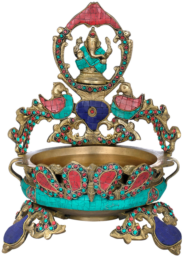 12" Brass Lord Ganesha Peacock Urli Handmade Statue