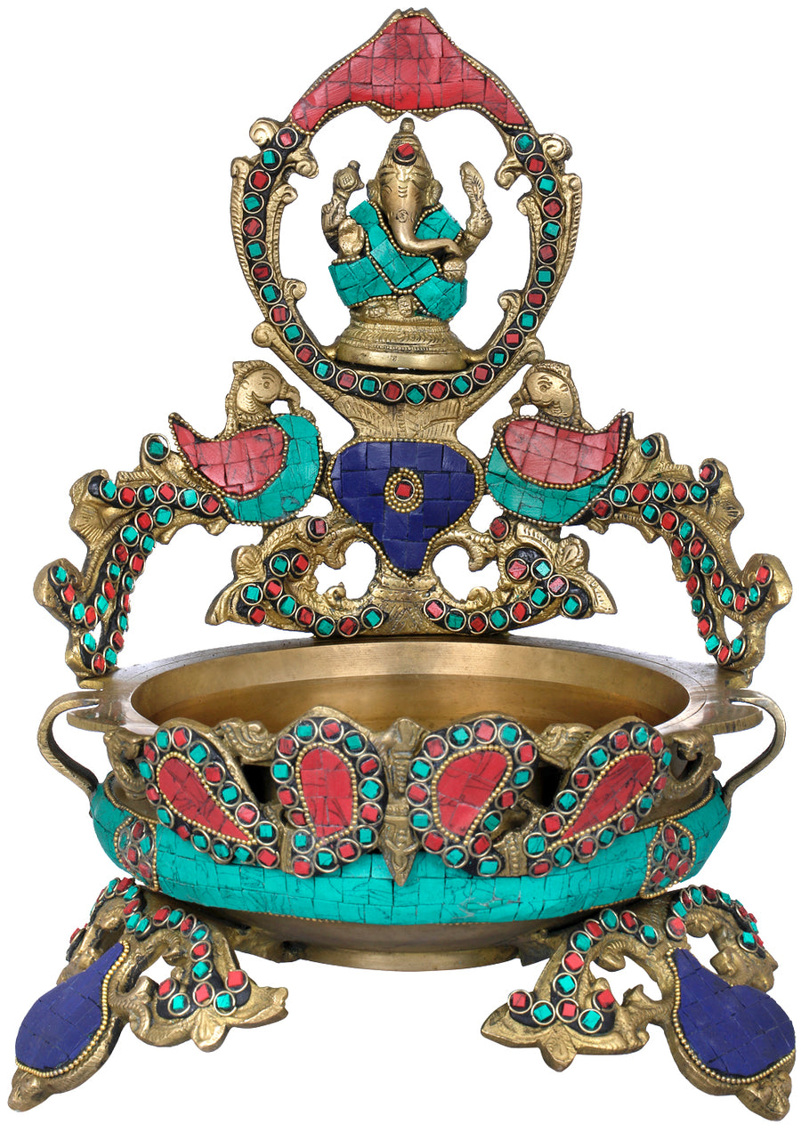 12" Brass Lord Ganesha Peacock Urli Handmade Statue