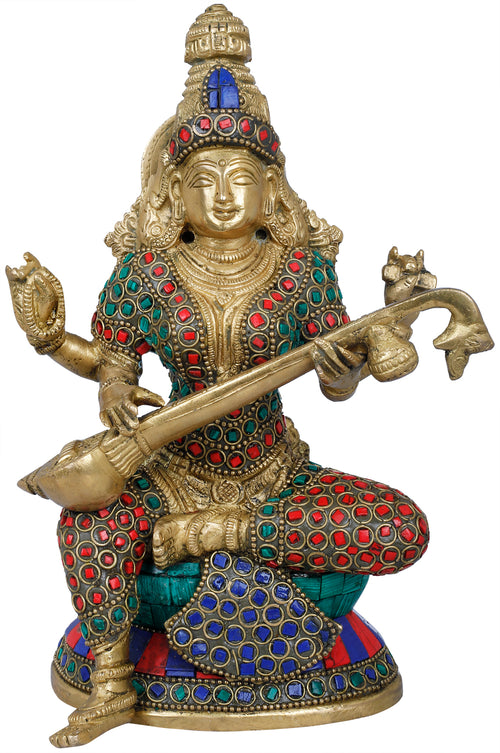 8" Handmade Vina-Vadini Saraswati Brass Statue with Inlay