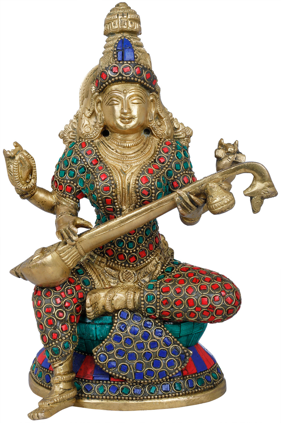 8" Handmade Vina-Vadini Saraswati Brass Statue with Inlay