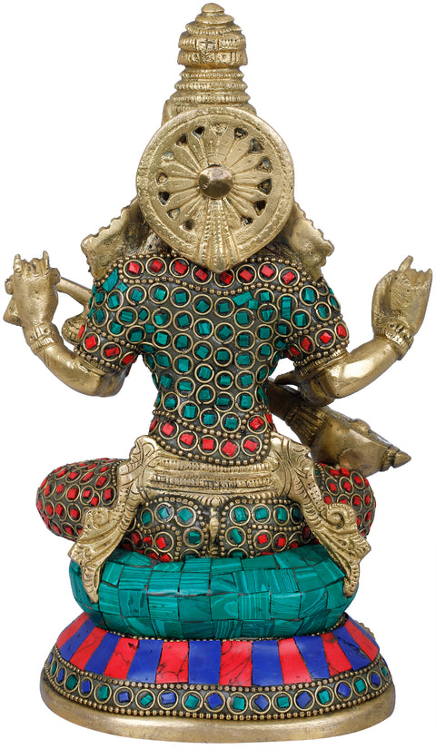 8" Vina-Vadini Saraswati Brass Statue with Inlay Work | Handmade