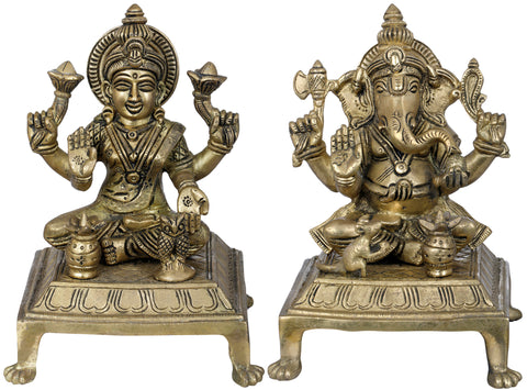 7" Lakshmi Ganesha In Brass | Handmade | Made In India
