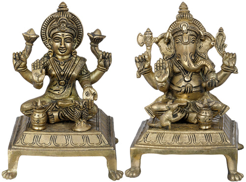 7" Lakshmi Ganesha Brass Statue Handmade