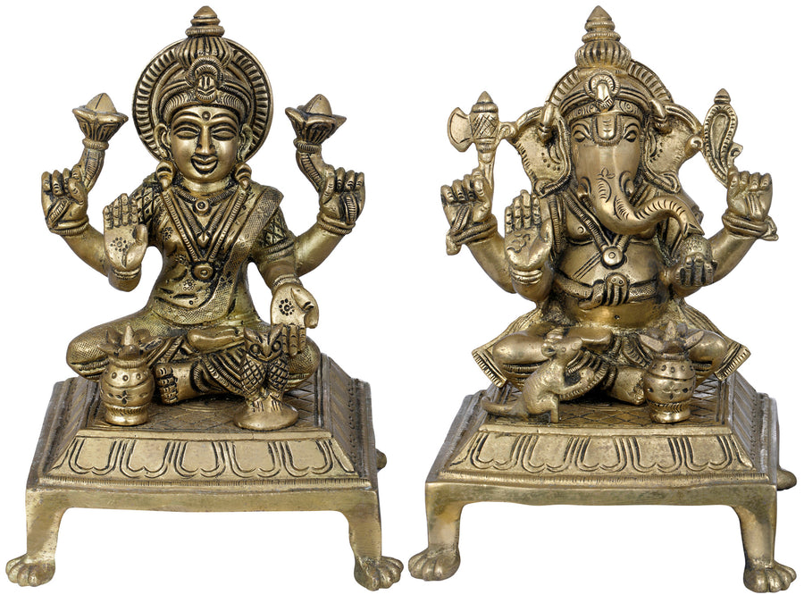 7" Lakshmi Ganesha Brass Statue Handmade
