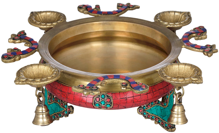 Brass Inlay Urli with Attached Lamps and Bells Home Decor