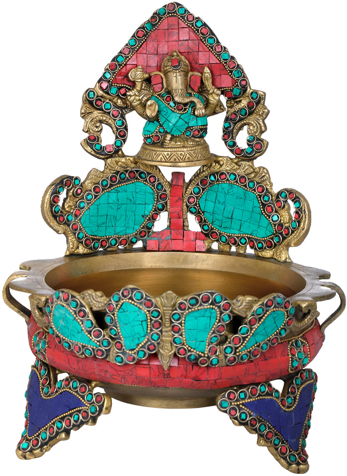 11" Brass Urli with Seated Ganesha Inlay Handmade Statue