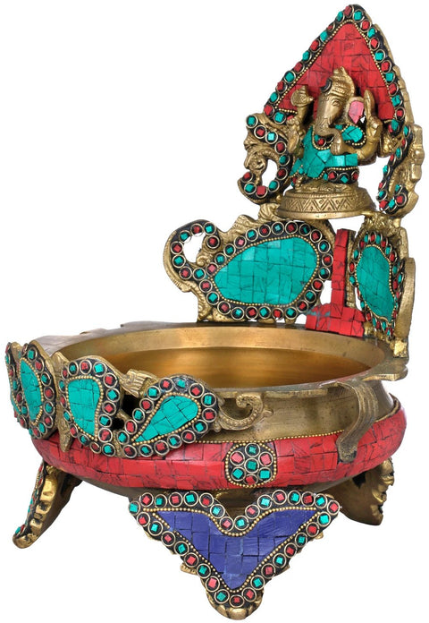 11" Inlay Urli with Ganesha Seated Atop In Brass | Handmade | Made In India