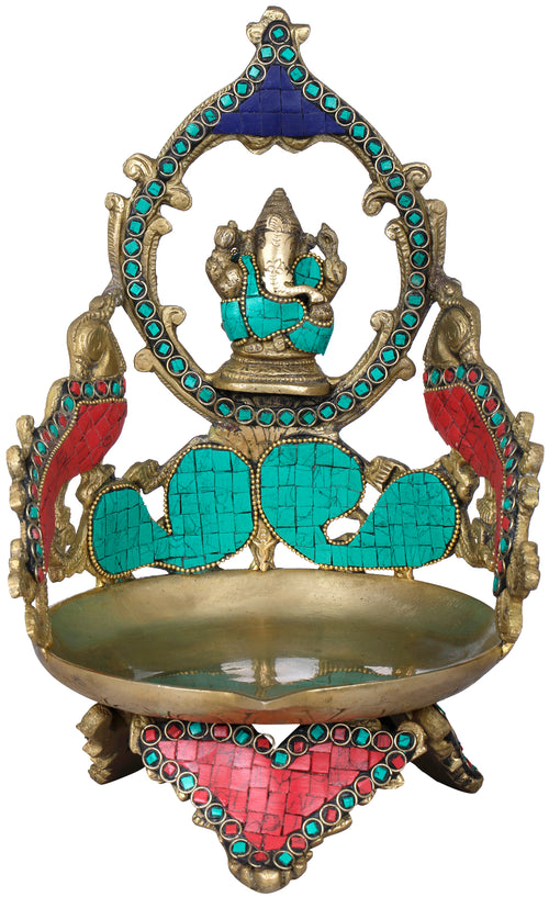 11" Ganesha Brass Diya with Peacock Handmade Idol