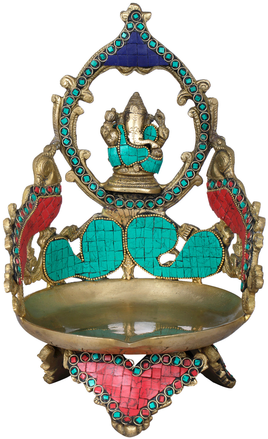 11" Ganesha Brass Diya with Peacock Handmade Idol