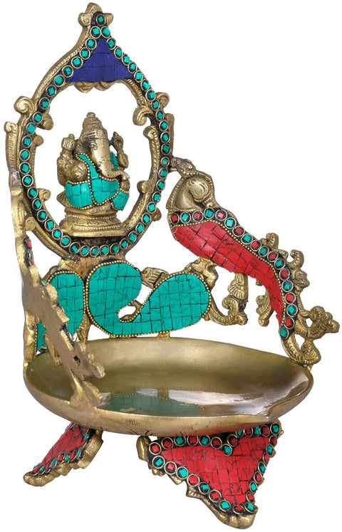 11" Ganesha Large Brass Diya with Peacock | Handmade