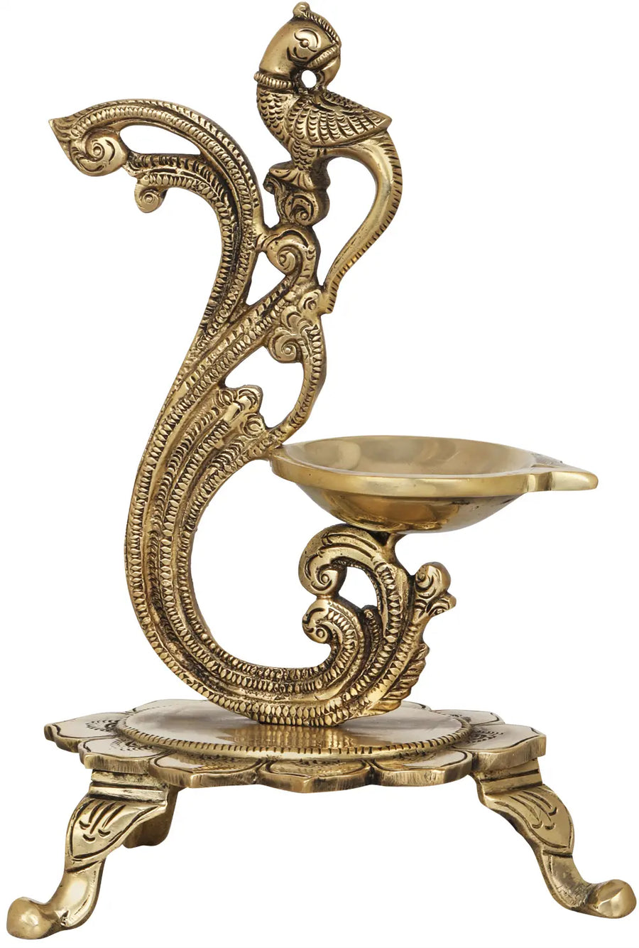 Brass Diya with Parrot Handle and Stand for Pooja