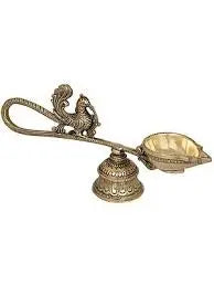 9" Handheld Peacock Aarti Lamp with Brass Bell Stand