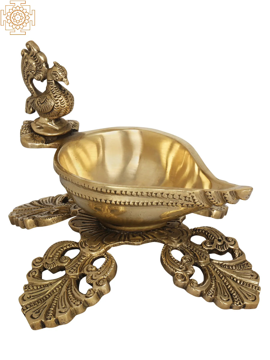 Brass Ritual Diya with Peacock Statue for Pooja
