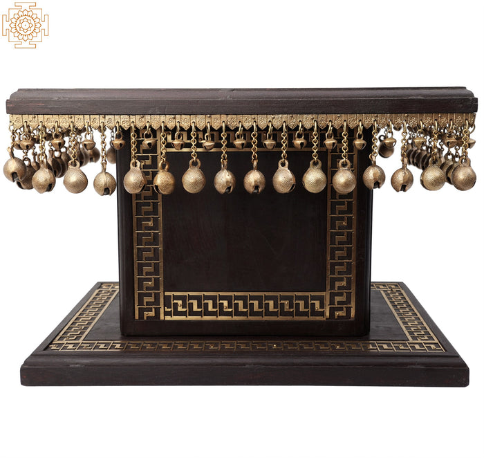 12" Teakwood Chowki with Brass Inlay and Dangling Ghungroos