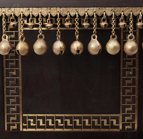12" Designer Chowki with Dangling Ghungroos | Teakwood with Brass Inlay