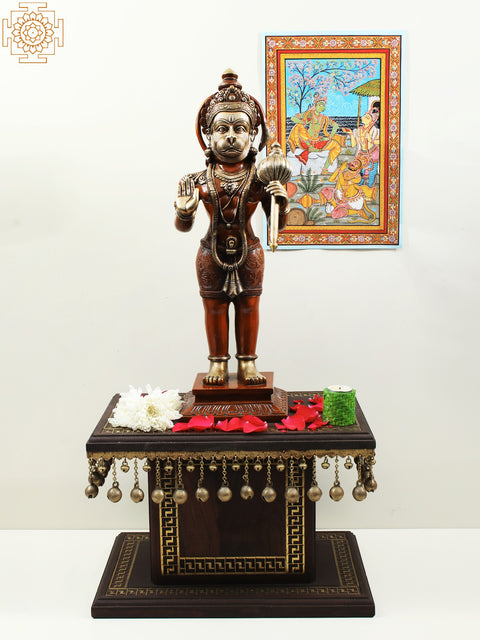 12" Designer Chowki with Dangling Ghungroos | Teakwood with Brass Inlay