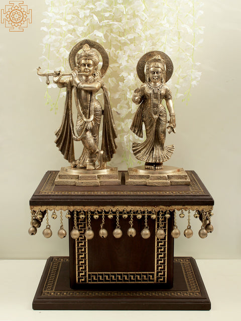 12" Designer Chowki with Dangling Ghungroos | Teakwood with Brass Inlay