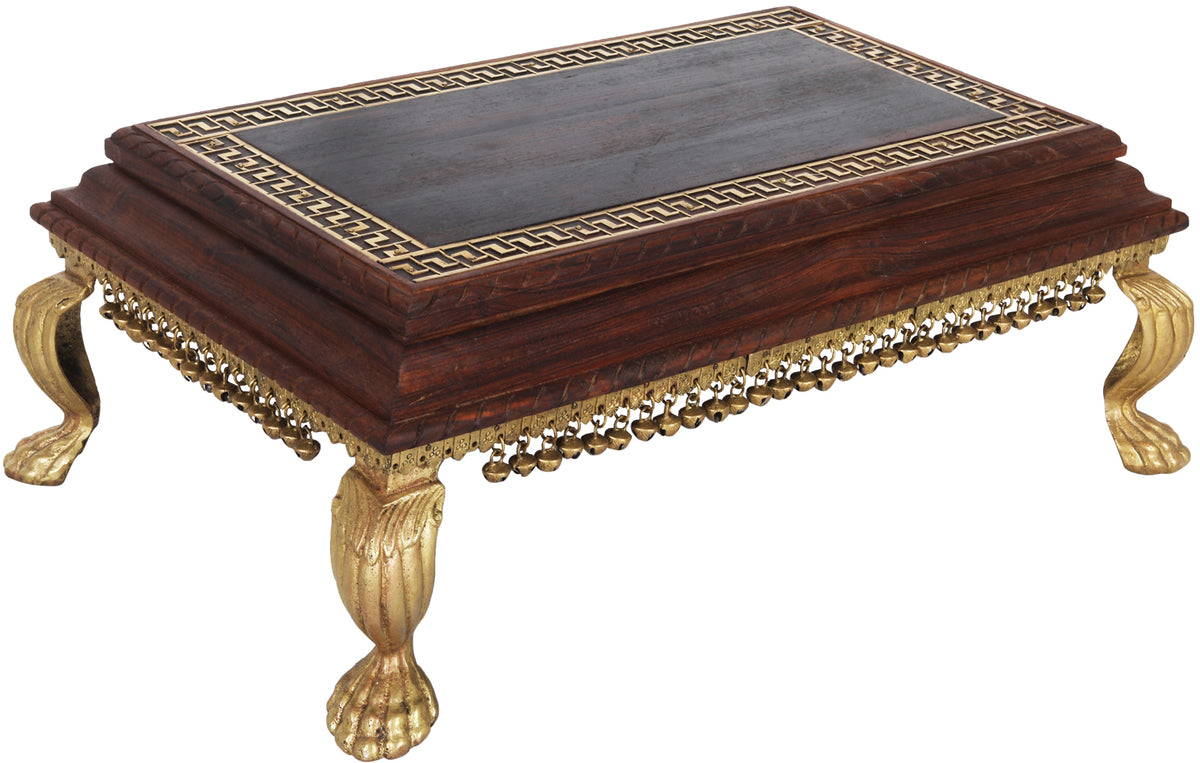 Rectangular Wooden Chowki with Brass Legs and Decoration