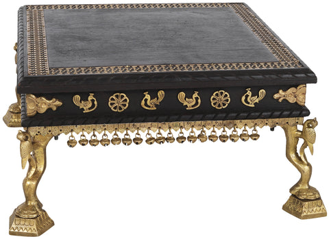 Wooden pedestal with Brass Ghungroos, Figures and Parrot Legs
